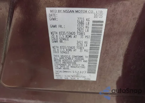 2015 Infiniti Qx60 from USA, damaged, VIN 5N1AL0MN4FC552427